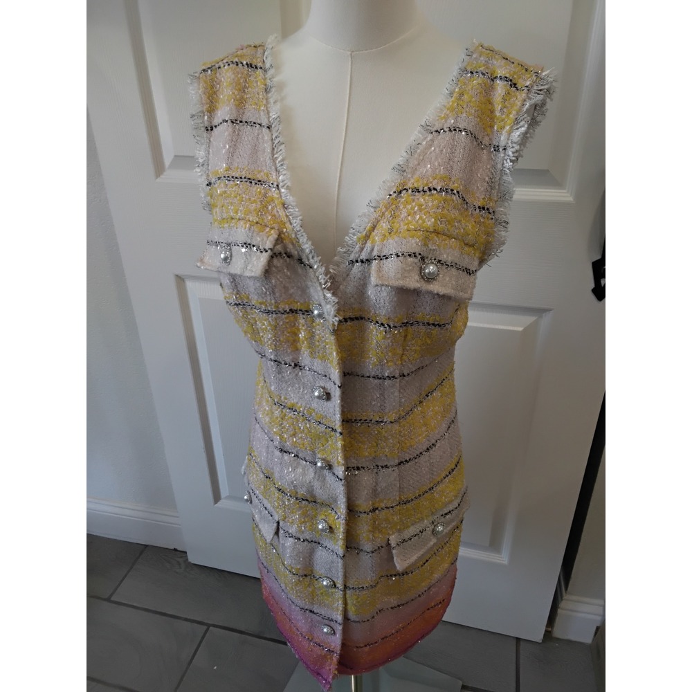Maeve Anthropologie Tweed Mini Dress Yellow Pink Ombre Pearl Button Size 8 NEW‎